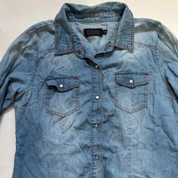 Ci Sono Western Pearl Snap Denim Shirt Womens M Faded Elbow Patch Boho Roll Tab - Picture 5 of 16